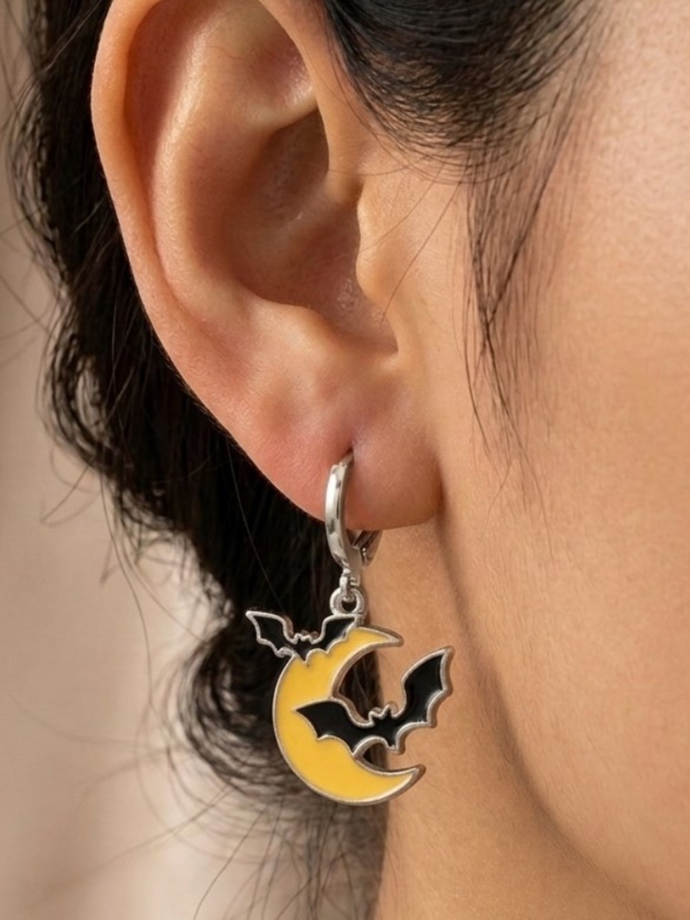 🆕HALLOWEEN 🎃: Yellow and Black Bat Moon Huggie Style Earrings